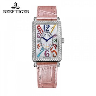 Reef Tiger Lady Fashion Watch Steel Case White Dial Leather Strap Diamonds Watch RGA172-YWND