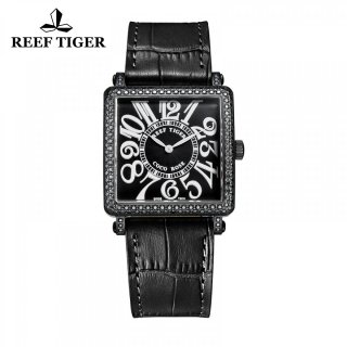 Reef Tiger Lady Fashion Watch PVD Case Black Dial Diamonds Square Watch RGA173-BBBDW