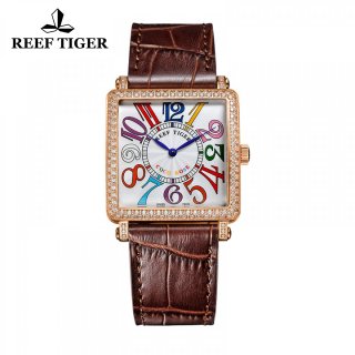 Reef Tiger Lady Fashion Watch Rose Gold Case White Dial Diamonds Square Watch RGA173-PWRDA