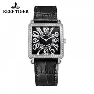 Reef Tiger Lady Fashion Watch Steel Case Black Dial Black Leather Diamonds Square Watch RGA173-YBRDA