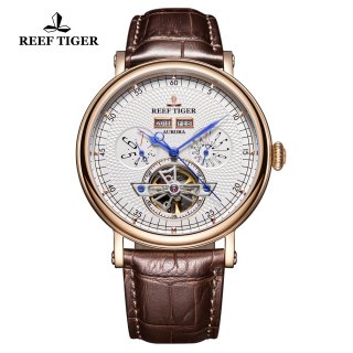 Reef Tiger Artist Limner Mens Fashion Rose Gold White Dial Leather Strap Automatic Watch RGA1903-PWS