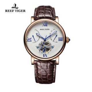 Reef Tiger Carved Spiral Tourbillon Watch with Day Date White Dial Alligator Strap RGA191