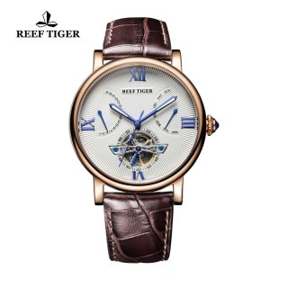Reef Tiger Carved Spiral Tourbillon Watch with Day Date White Dial Calfskin Strap RGA191