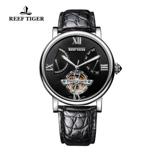 Reef Tiger Carved Spiral Tourbillon Watch with Day Date Steel Black Dial Alligator Strap RGA191