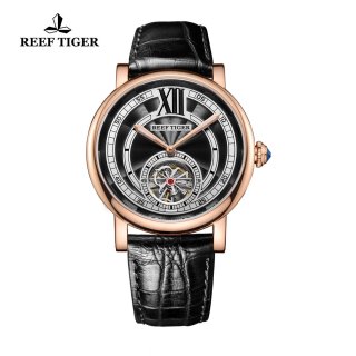 Reef Tiger Royal Crown Luxury Watch with Tourbillon Blue Crystal Crown Calfskin Leather RGA192