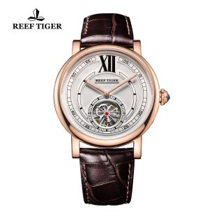 Reef Tiger Royal Crown Tourbillon Watch Luxury Rose Gold Case Calfskin Leather Strap RGA192
