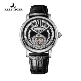 Reef Tiger Royal Crown Tourbillon Watches Blue Crystal Crown Calfskin Leather Strap RGA192