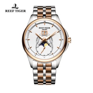 Reef Tiger Knighthood Casual Watch with Dual Calendar White Dial Two Tone Case RGA1928-PWT