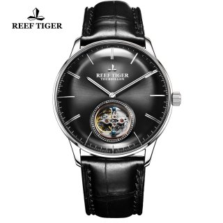 Reef Tiger Seattle Tourbillon Fashion Steel Black Dial Leather Strap Automatic Watch RGA1930-YBB