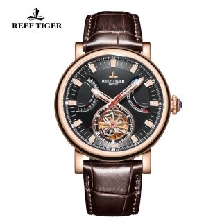 Reef Tiger Artist Photographer Rose Gold Brown Leather Strap Black Dial Tourbillon Automatic Watch RGA1950-PBW