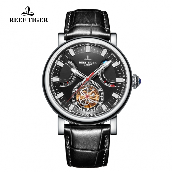 Reef Tiger Artist Photographer Solid Steel Leather Strap Black Dial Tourbillon Automatic Watch RGA1950-YBB