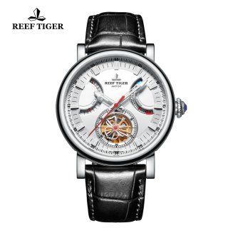 Reef Tiger Artist Photographer Solid Steel Leather Strap White Dial Tourbillon Automatic Watch RGA1950-YWB