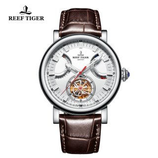 Reef Tiger Artist Photographer Solid Steel Brown Leather Strap White Dial Tourbillon Automatic Watch RGA1950-YWW