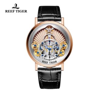 Reef Tiger Artist Rotation Luxury Casual Watches Rose Gold Leather Strap Quartz Watch For Men RGA1958-PPB