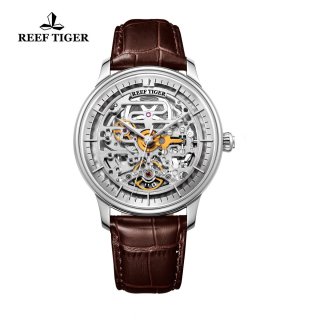 Reef Tiger Musician Casual Watches Automatic Watch Steel Case Leather Strap RGA1975-YWB