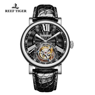 Reef Tiger Artist Graver Fashion Steel Leather Strap Black Dial Tourbillon Watch RGA1999-YBB