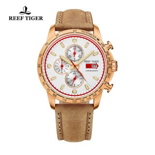 Reef Tiger Racing Casual Watch Rose Gold White Dial Leather Strap Chronograph Watch RGA3029-PWB