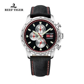 Reef Tiger Racing Casual Watch Stainless Steel Black Dial Leather Strap Chronograph Watch RGA3029-YBB