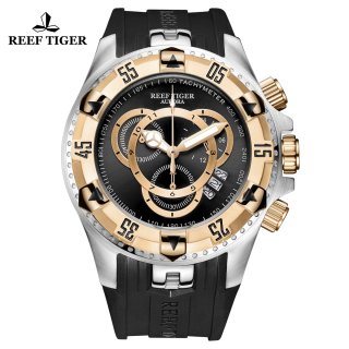 Reef Tiger Aurora Hercules II Fashion Steel/Rose Gold Rubber Strap Black Dial Quartz Watch RGA303-2-YBBG