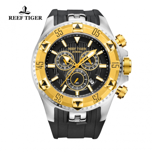 Reef Tiger Hercules Sport Watches Chronograph Steel Case Yellow Gold Bezel Black Dial Watch RGA303-GBB