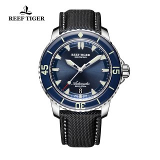 Reef Tiger Deep Ocean Men's Casual Steel Watches Blue Dial Nylon Strap Automatic Watch With Date RGA3035-YLB