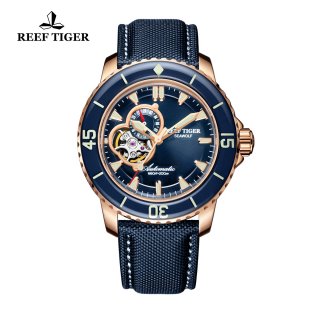 Reef Tiger Sea Wolf Dress Automatic Watch Rose Gold Black Dial Black Nylon/Leather Strap RGA3039-PLL