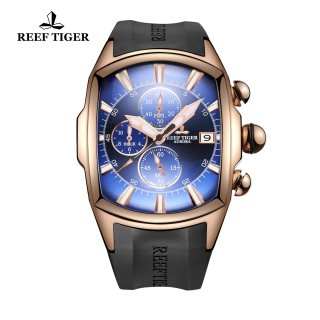 Reef Tiger Tanker Men's Watch Rose Gold Black Rubber Strap Blue Dial Quartz Watch RGA3069-T-PLB