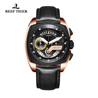 Reef Tiger Aurora Formula Race Fashion Rose Gold Leather Strap Black Dial Quartz Watch RGA3363-PBBB