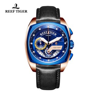 Reef Tiger Aurora Formula Race Fashion Rose Gold Blue Dial Leather Strap Quartz Watch RGA3363-PLBL