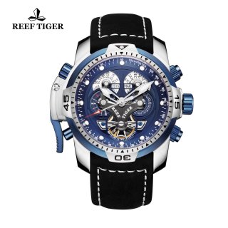 Reef Tiger Concept Steel Case Sport Watches Black Leather Automatic Watch RGA3503-YLBLB