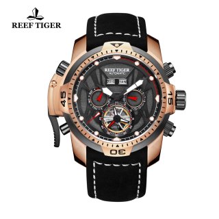 Reef Tiger Transformer Sport Watches Complicated Watch Rose Gold Case Black Leather RGA3532-PBBLR