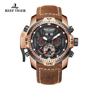 Reef Tiger Transformer Sport Watches Complicated Watch Rose Gold Case Brown Leather Strap RGA3532-PBSR