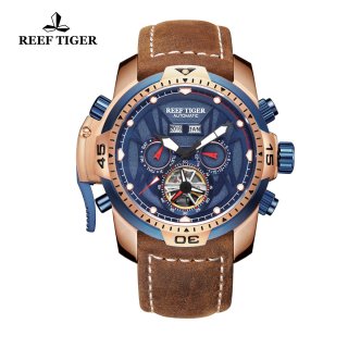 Reef Tiger Transformer Sport Watches Complicated Watch Brown Leather Rose Gold Case RGA3532-PLSR
