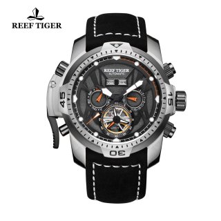 Reef Tiger Transformer Sport Watches Complicated Watch Steel Case Black Leather RGA3532-YBBLO