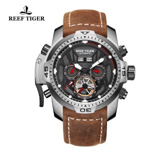 Reef Tiger Transformer Sport Watches Complicated Watch Steel Case Brown Leather Strap RGA3532-YBSR