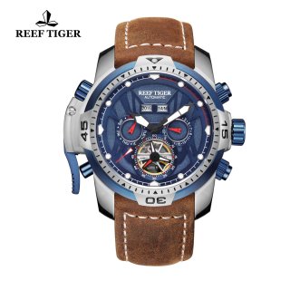 Reef Tiger Transformer Sport Watches Complicated Brown Leather Watch Steel Case RGA3532-YLSR