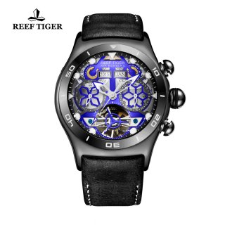 Reef Tiger Sport Casual Watches Automatic Watch PVD Case Leather Strap RGA703-BLB