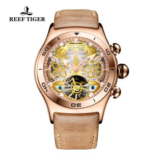 Reef Tiger Sport Casual Watches Automatic Watch Rose Gold Case Leather Strap RGA703-PGB