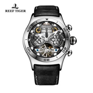 Reef Tiger Air Bubble Sport Casual Watches Automatic Watch Steel Case Leather Strap RGA703-YBB