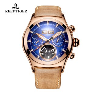 Reef Tiger Air Bubble II Men's Casual Watches Automatic Watch Rose Gold Case Leather Strap RGA7503-PLS