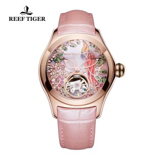 Reef Tiger Aurora Parrot Casual Watches Women Automatic Watch Rose Gold Case Leather Strap RGA7105-PPP
