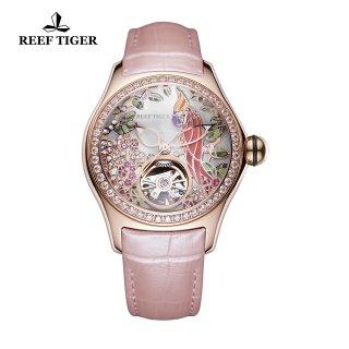 Reef Tiger Aurora Parrot Casual Diamonds Bezel Watch Rose Gold Case Leather Strap RGA7105-PSPD