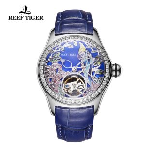 Reef Tiger Aurora Parrot Casual Diamonds Bezel Watch Rose Gold Case Leather Strap RGA7105-YLLD