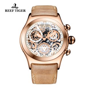Reef Tiger Sport Casual Watches Chronograph Watch Rose Gold Case Leather Strap RGA792-PWB