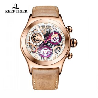 Reef Tiger Big Bang Sport Casual Watches Chronograph Watch Rose Gold Case Skeleton Dial RGA792-PWBS