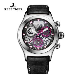 Reef Tiger Big Bang Sport Casual Watches Chronograph Watch Steel Case Skeleton Dial RGA792-YBB
