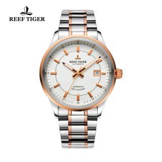 Reef Tiger Imperator Dress Watch Automatic Steel/Rose Gold White Dial RGA8015-PWT