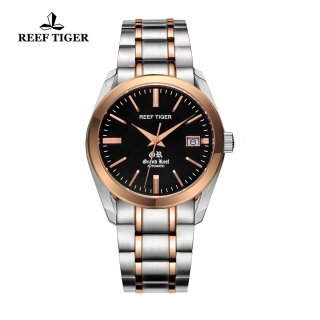 Reef Tiger Grand Reef Dress Watch with Date Black Dial Two Tone Watch RGA818-TBT