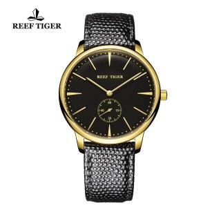 Reef Tiger Vintage Couple Watch Black Dial Yellow Gold Calfskin Leather RGA820-GBB