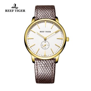 Reef Tiger Vintage Casual Watch White Dial Yellow Gold Calfskin Leather RGA820-GWB-G